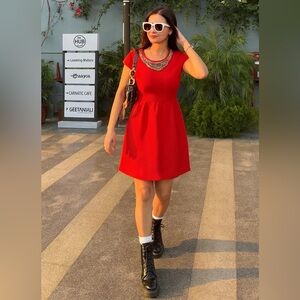 Francesca’s Jeweled collar, short Red Fit and Flare Dress with textured fabric